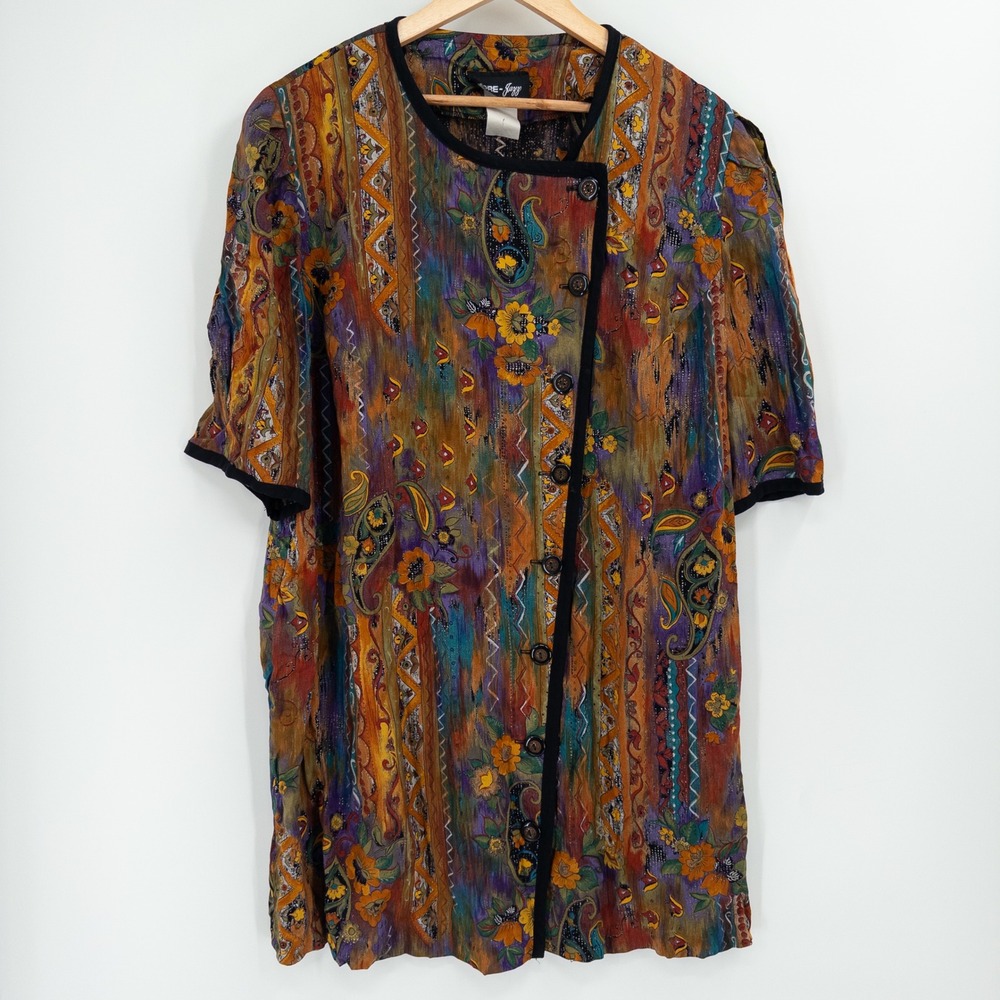 Vintage 90s Dress Womens XL Colorful Oversized Artsy Dopamine  Button Front